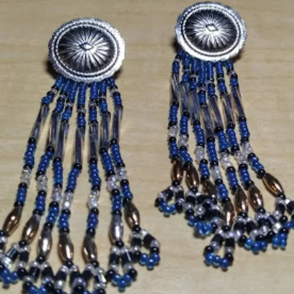 Silver Tone Blue Glass Beads Pierce Earrings 3" Long - Picture 3 of 10